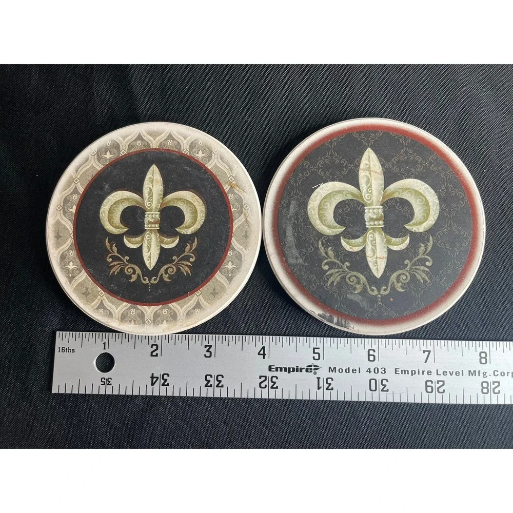 Fleur De Lis Stone Coasters Set of 2 Black Cream French Country Decor 4 Inch